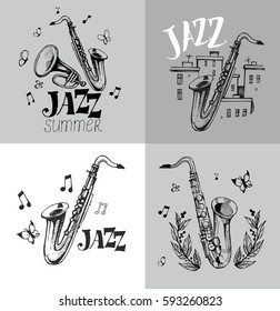 Set of Jazz emblem with a saxophone, trumpet, town. Isolated vector illustration. Design element for the create of the label, brochures, posters 