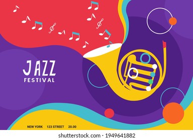 Cartel o cartel del festival de jazz. Composición del vector incluida 
Cuerno francés. Apropiado para eventos de música acústica y jazz.