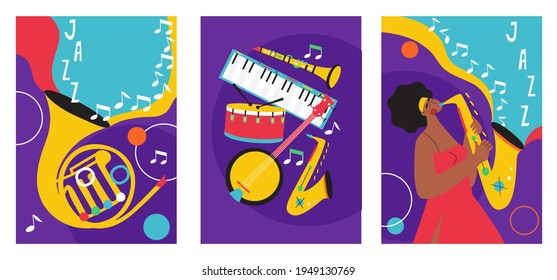 Set of jazz festival posters. Compositions included saxophone, trombone, clarinet, violin, double bass, piano, trumpet, bass drum and banjo, guitar. Suitable for acoustic music events and jazz concert