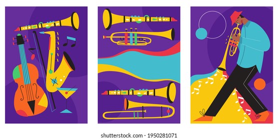 Set of jazz festival posters. Vector compositions included: saxophone, trombone, clarinet, violin, double bass, piano, trumpet, bass drum and banjo, guitar. Suitable for acoustic music events and jazz