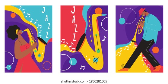 Set von Jazzfestivals-Plakaten. Zu den Vektorkompositionen zählten: Saxophon, Posaune, Klarinette, Violine, Doppelblass, Klavier, Trompete, Basstrommel und Banjo, Gitarre. Geeignet für Musikveranstaltungen und Jazzkonzerte