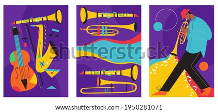 Set of jazz festival posters. Vector compositions included: saxophone, trombone, clarinet, violin, double bass, piano, trumpet, bass drum and banjo, guitar. Suitable for acoustic music events and jazz