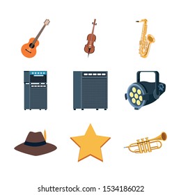 set of jazz instruments and stage equipments over white background, colorful design. vector illustration
