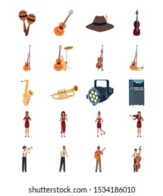 set of Jazz music instruments and people of the band over white background, colorful design. vector illustration