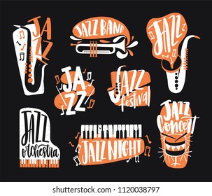 Set of jazz music lettering handwritten with calligraphic font and decorated with various musical instruments isolated on black background - piano, drums, sax, trumpet. Creative vector illustration