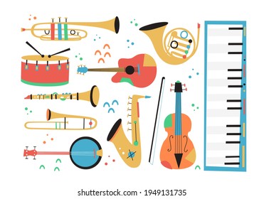 Set of jazz musical instruments. Compositions included: saxophone, trombone, clarinet, violin, double bass, piano, trumpet, bass drum and banjo, guitar. Acoustic music events and jazz party.