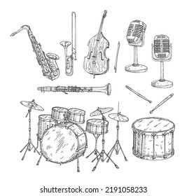 Set jazz musical instruments. Drum kit , trombone, saxophone, clarinet, microphone, contrabass. Vector vintage black engraving illustration isolated on white