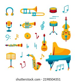 Set of jazz musical instruments. Funny vector flat illustration with trumpet and saxophone in bright colors on white square background. Various musical symbols and objects, notes for poster or flyer