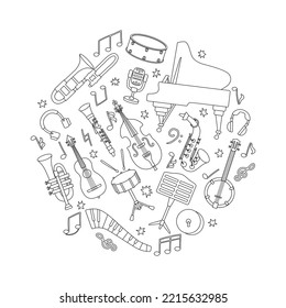 Conjunto de instrumentos musicales de jazz. Graciosa ilustración vectorial en blanco y negro con trombona y saxofón en fondo cuadrado blanco. Varios símbolos y objetos musicales, notas para afiche o plantilla
