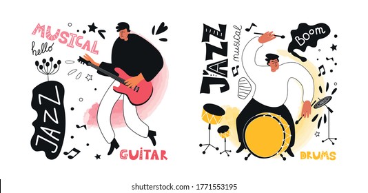 Set of jazz musicians drummer and guitarist in the style of a comic book. Jazz instruments drums, guitar. The phrase jazz. Vector music illustrations