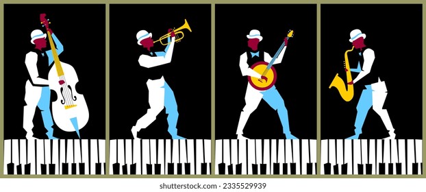 Set of jazz musicians at the festival. Jazz festival or retro party invitation design template. Vector illustration.