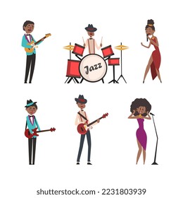 Set of jazz musicians. People playing guitar and drum musical instruments and singing cartoon vector illustration