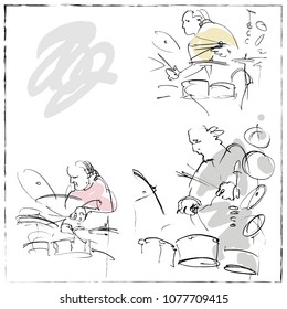 Set of jazz musicians playing music. Drummer gesture sketches.