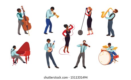 Set of jazz musicians and singers on stage vector illustration