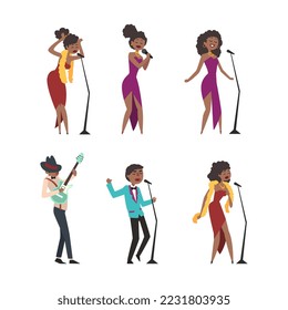 Set of jazz musicians and singers. People performing with musical instruments and singing cartoon vector illustration