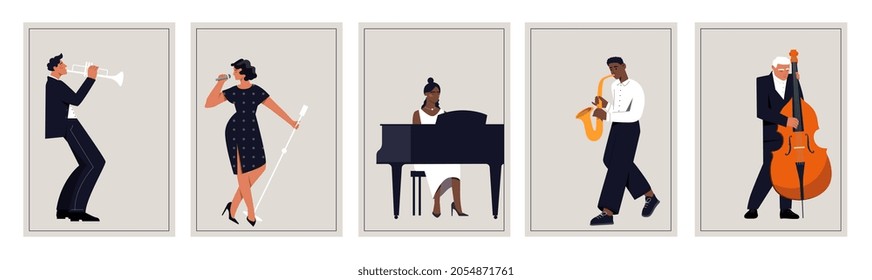 Set of jazz posters. Collection of pictures with musicians. Pianist, singer, double bass, violin, drum. People playing diverse music. Cartoon flat vector illustration isolated on white background