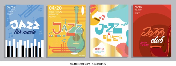 Set of Jazz posters with lettering style, music instruments and illustrations. Blues. Vector