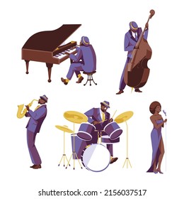 A set of jazz soul musicians: singer, pianist, double bassist, drummer, saxophonist. Isolated on white background. Flat vector illustration