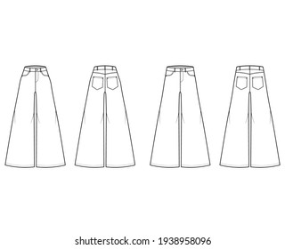 Set of Jeans Baggy wide Pants Denim technical fashion illustration with full length, low normal waist, rise, 5 pockets. Flat bottom template front, white color style. Women, men, unisex CAD mockup