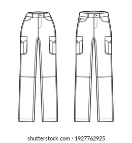Set of Jeans cargo Denim pants technical fashion illustration with normal low waist, high rise, pockets, belt loops, full lengths. Flat apparel template front, white color style. Women, men unisex CAD