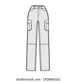 Set of Jeans cargo Denim pants technical fashion illustration with normal waist, high rise, pockets, belt loops, full lengths. Flat bottom template front, grey color style. Women, men CAD mockup