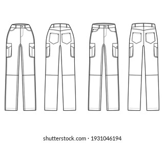 Set of Jeans cargo Denim pants technical fashion illustration with normal low waist, high rise, pockets, belt loops. Flat bottom template front back, white color style. Women, men, unisex CAD mockup