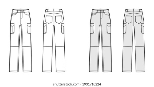 Set of Jeans cargo Denim pants technical fashion illustration with low waist, rise, pockets, belt loops, full lengths. Flat bottom apparel front back, white, grey color. Women, men, unisex CAD mockup