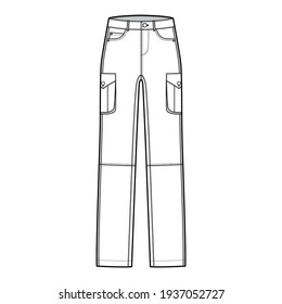 Set of Jeans cargo Denim pants technical fashion illustration with low waist, rise, pockets, belt loops, full lengths. Flat bottom apparel front, white, color style. Women, men, unisex CAD mockup