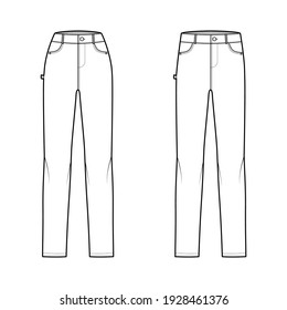 Set of Jeans carpenter Denim pants technical fashion illustration with full length, normal low waist, high rise, 5 pockets, Rivets. Flat bottom template front, white color style. Women men, unisex CAD