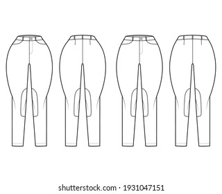 Set of Jeans Classic Jodhpurs Denim pants technical fashion illustration with normal low waist, high rise, belt loops, full lengths. Flat template front back, white color style. Women, men CAD mockup