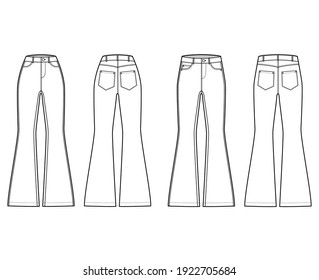 Set of Jeans flared bottom Denim pants technical fashion illustration with full length, normal low waist, high rise, 5 pockets, Rivets. Flat front back, white color style. Women, men unisex CAD mockup