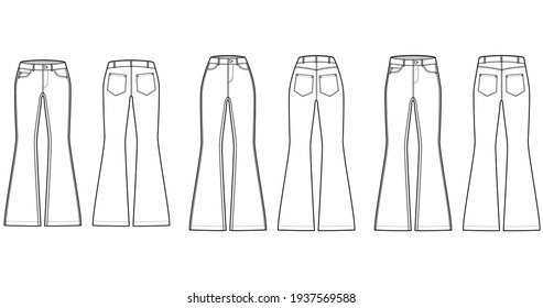 Set von Jeans flackerte untere Denim Hose technische Mode Illustration mit voller Länge, normale niedrige Taille, hohe Aufstieg, 5 Taschen, Rivets. Flat front back, weißer Farbstil. Frauen, Männer ohne Ex-CAD-Modell