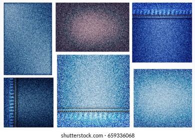 Set of jeans illustrations, blue denim background with pocket or texture border element. Abstract indigo dyed effect decorative textured background. Geometric denim surface pattern for flyers. Vector.