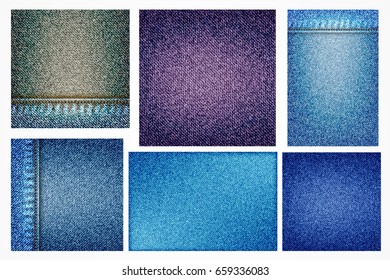 Set of jeans illustrations, blue denim background with pocket or texture border element. Geometric denim surface pattern for flyers. Abstract indigo dyed effect decorative textured background. Vector.