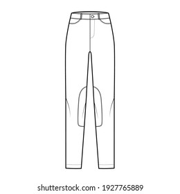 Set of Jeans Kentucky Jodhpurs Denim pants technical fashion illustration with low waist, rise, pockets, belt loops, full lengths. Flat bottom apparel front, white color style. Women, men CAD mockup