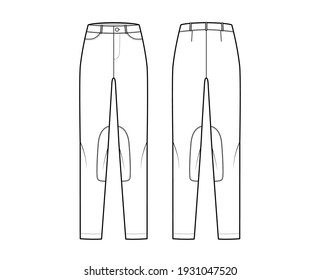 Set of Jeans Kentucky Jodhpurs Denim pants technical fashion illustration with low waist, rise, belt loops, full lengths. Flat apparel template front back, white color style. Women, unisex CAD mockup
