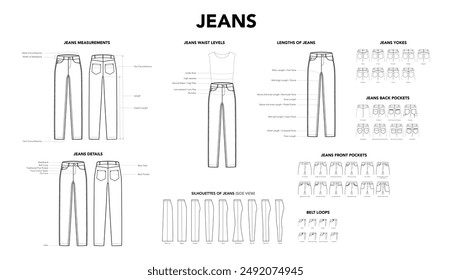 Set of Jeans Pants details - Measurement, Length, Waistline, Belt Loops, Darts Yokes Silhouette and Pockets styles technical fashion illustration. Flat apparel template. Women, men CAD mockup isolated