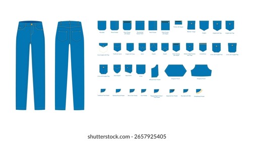 Set of Jeans with pockets - Denim technical fashion illustration with Patch, Rounded, traditional Kangaroo angled 5, Rivets. Flat blue bottom template front, back, grey color style. CAD mockup