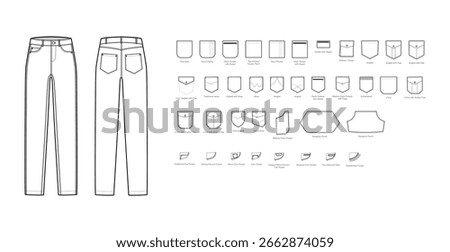 Set of Jeans with pockets - Denim technical fashion illustration with Patch, Rounded, traditional Kangaroo angled 5, Rivets. Flat blue bottom template front, back, grey color style. CAD mockup