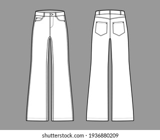 Set of Jeans wide leg Denim pants technical fashion illustration with low waist, rise, 5 pockets, Rivets, belt loops. Flat bottom template front, back, white color style. Women, men, unisex CAD mockup