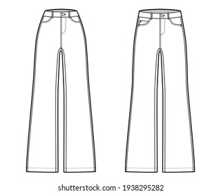 Set of Jeans wide leg Denim pants technical fashion illustration with full length, low waist, high rise, Rivets, belt loops. Flat bottom template front, back, white, grey color style. Women CAD mockup