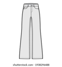 Set of Jeans wide leg Denim pants technical fashion illustration with full length, low waist, rise, 5 pockets, Rivets, belt loops. Flat bottom template front, grey color style. Women, men CAD mockup