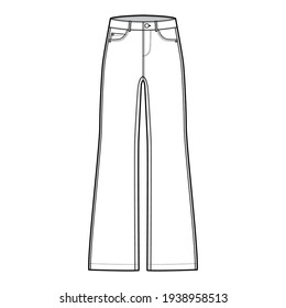 Set of Jeans wide leg Denim pants technical fashion illustration with full length, low waist, rise, 5 pockets, belt loops. Flat bottom template front, white color style. Women, men, unisex CAD mockup