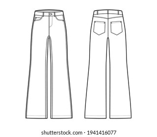 Set of Jeans wide leg Denim pants technical fashion illustration with low waist, rise, 5 pockets, Rivets, belt loops. Flat bottom template front, back, white color style. Women, men, unisex CAD mockup