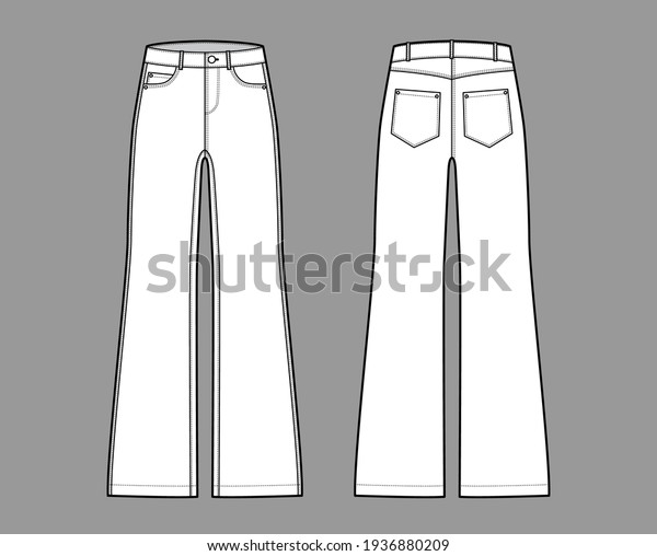 Set of Jeans wide leg Denim pants technical\
fashion illustration with low waist, rise, 5 pockets, Rivets, belt\
loops. Flat bottom template front, back, white color style. Women,\
men, unisex CAD mockup