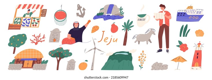 Set of Jeju island landmarks and symbol icons, cartoon flat vector illustration isolated on white background. Hallasan mountain, Haenyeo woman, Dolhareuband, lighthouse, ship and tangerine dekopon.