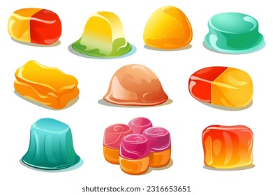 Conjunto de frijoles Jelly. Este conjunto de ilustraciones presenta judías coloridas y divertidas en un diseño plano de caricatura. Ilustración vectorial.