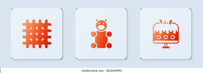 Set Jelly bear candy, Cracker biscuit and Cake on plate. White square button. Vector