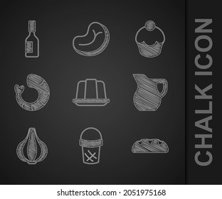 Set Jelly cake, Ice cream in waffle, Bread loaf, Jug glass with milk, Garlic, Shrimp, Muffin and Tabasco sauce icon. Vector