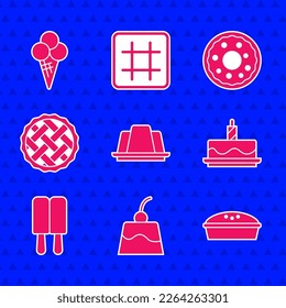 Set Jelly cake, Pudding custard, Homemade pie, Cake with burning candles, Ice cream, Donut and waffle cone icon. Vector